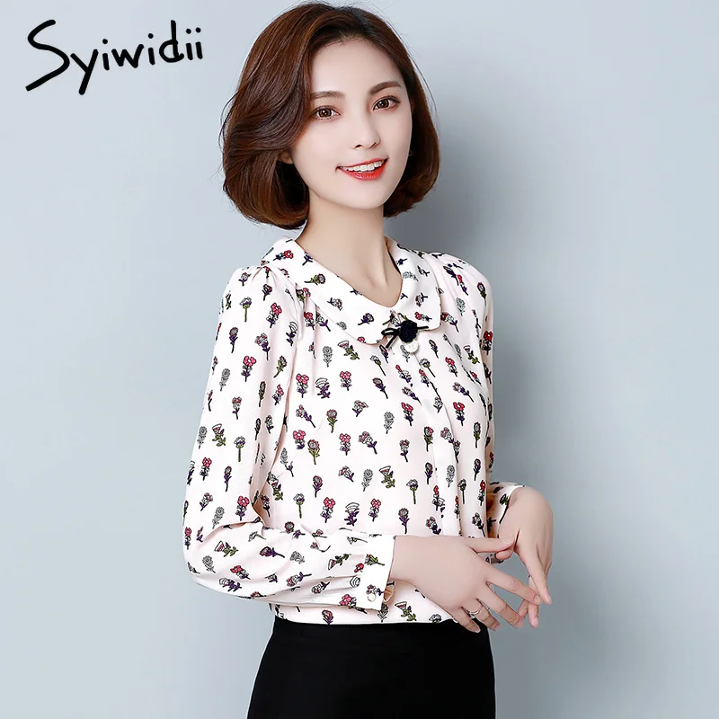 Розовые шифоновые блузки с принтом женские рубашки длинным рукавом большие