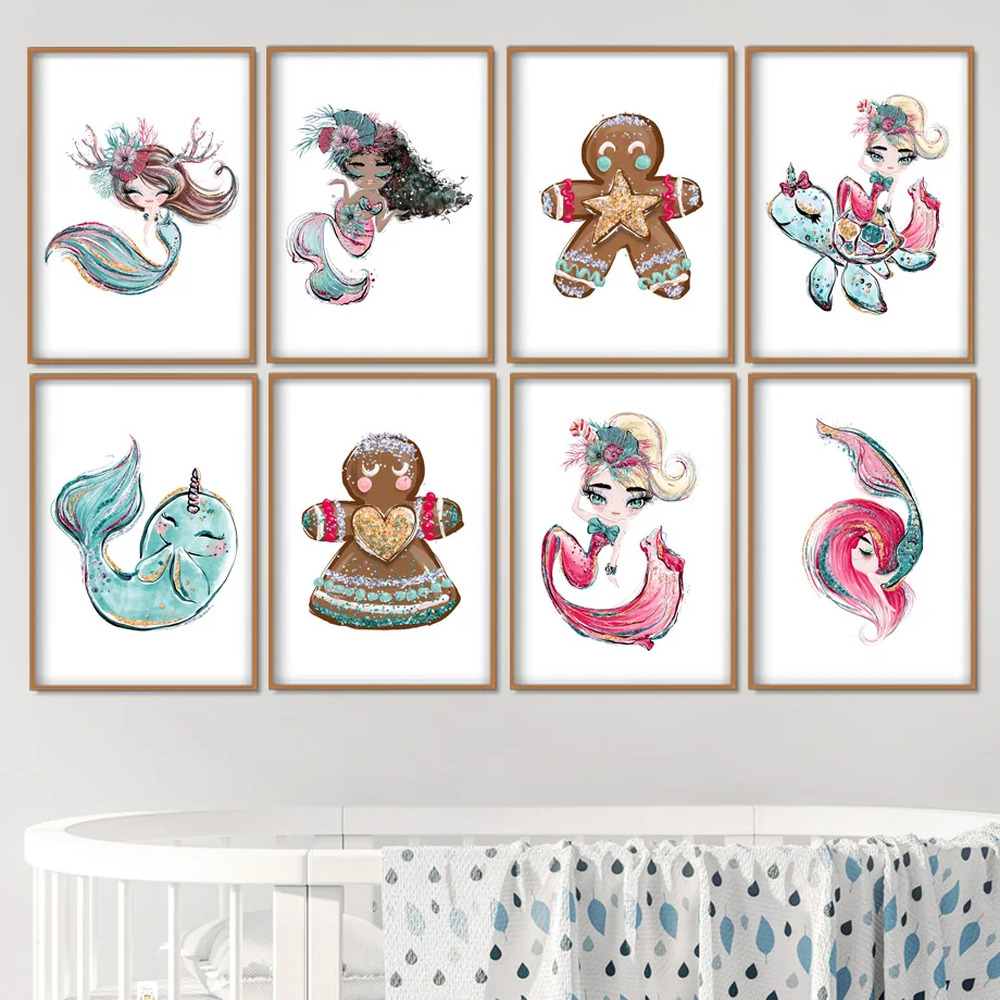 Мультяшная Русалка Принцесса Морская звезда черепаха настенная Картина на