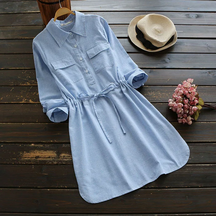 Японский Лето милое платье Для женщин в полоску и пуговицы клетку с длинными