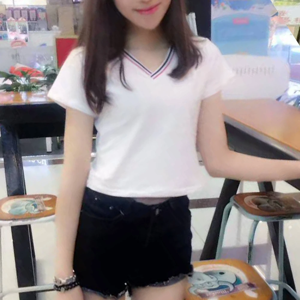 Летние Для женщин короткий рукав v-образным вырезом Тонкий футболки в Длина Топы