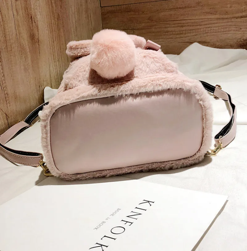 Furry Rabbit Ear Backpack cute Girls Shoulder Bag Mini Furry Fluffy Plush schoolbag Winter Women's Travel Bag
