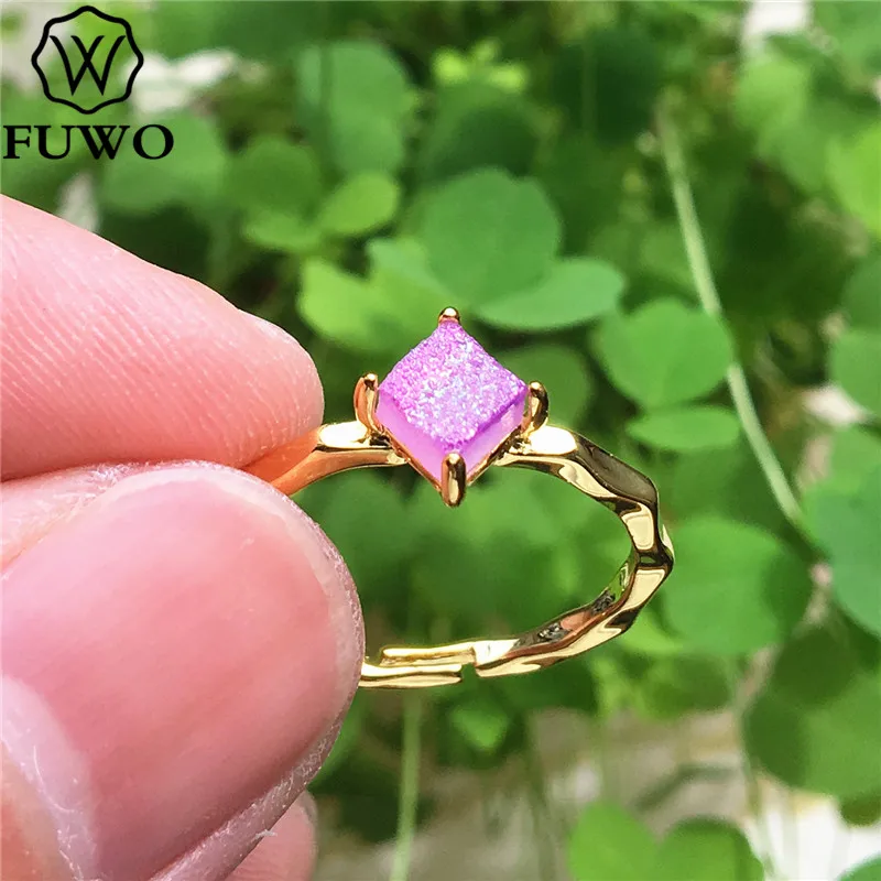 F FUWO квадратное кольцо Aura Druzy с 24K золотым наполнением, минималистичный дизайн, необработанные кольца Druzy для женщин, регулируемый размер RG017 - Цвет основного камня: F