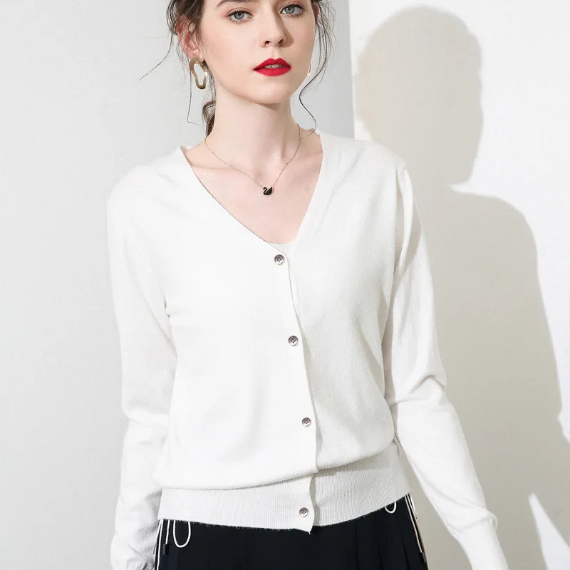 New arriving cardigan women's V-neck knitted primer shirt with pure colour casual sweater |
