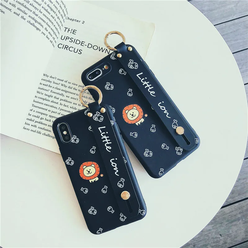 cute cartoon lion wrist strap Kickstand IMD black soft shell mobile phone bag For Apple iphone 6 6s 7 8 Plus X XS XR MAX case |