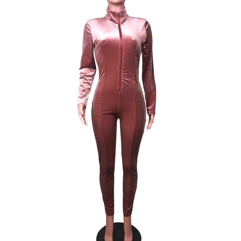 

Long sleeve velvet jumpsuit for women 2019 Zipped bodycon rompers and jumpsuits Sexy skinny velvet womens jumpsuits overalls