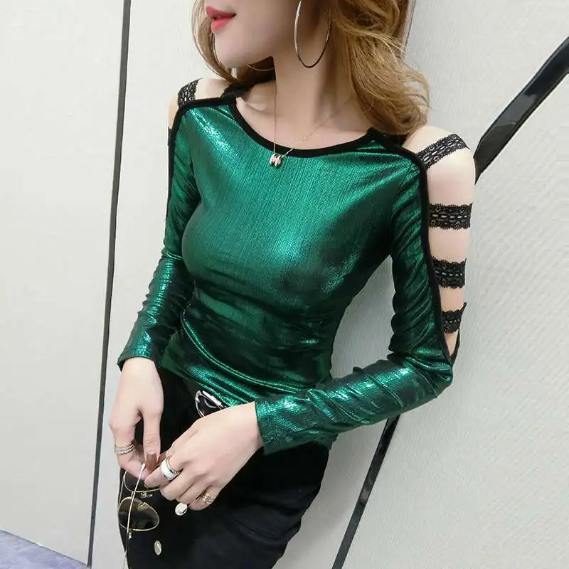 Green tshirt Сексуальная Открытая футболка с круглым вырезом, блестящая новинка, весна-лето, Женская кружевная Лоскутная футболка с длинным рукавом, футболка, Camiseta Mujer T93810 - Цвет: Green tshirt
