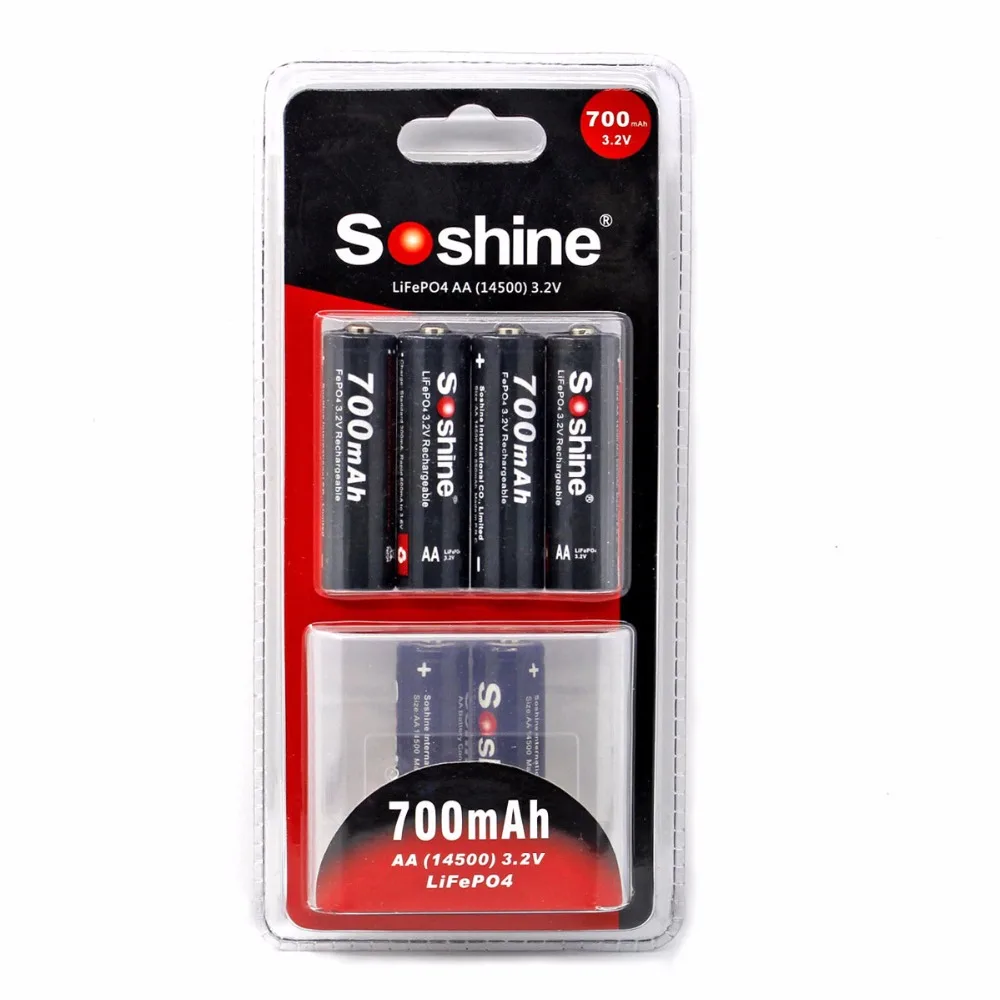 4 шт. упак. аккумулятор Soshine 700 мА · ч 14500 3 2 в LiFePO4 AA аккумуляторная батарея с