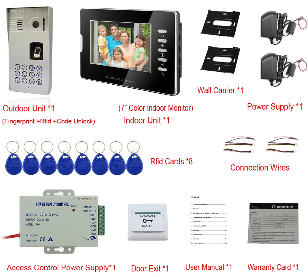 IP65 Водонепроницаемый домофон видео отпечатков пальцев Rfid клавиатуры Home Video Phone 7