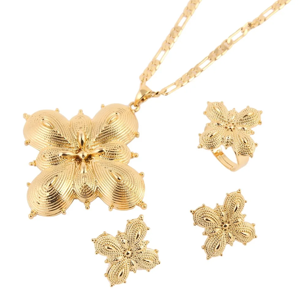 

Bangrui Ethiopian Cross Jewelry Set Gold Color Necklace/Earrings/Ring/ Habesha Africa Wedding Gifts
