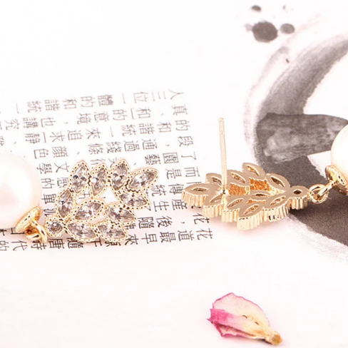

Rhodium Plated Pear CZ Long Wedding Earrings with Genuine Shell Pearl Drops