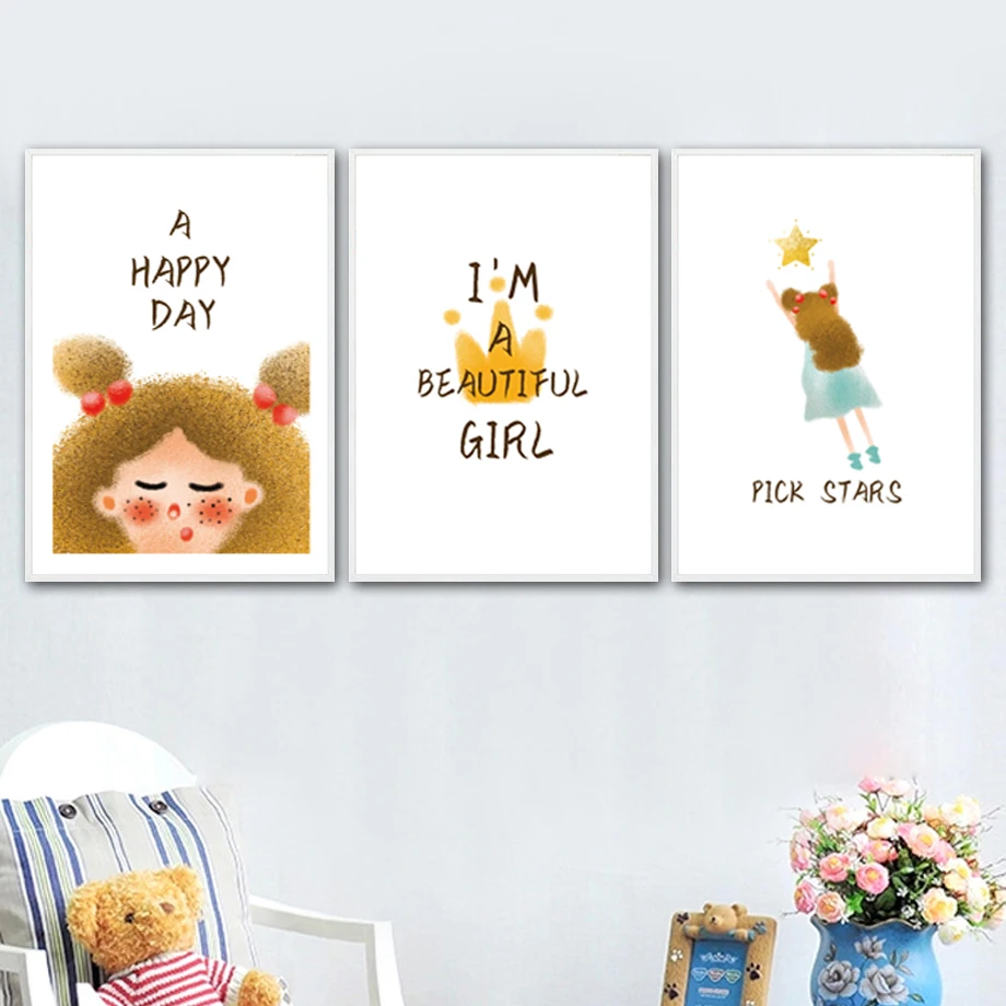 

Girl Star Quotes Cartoon Watercolor Nordic Posters And Prints Wall Art Canvas Painting Wall Pictures For Living Room Home Decor