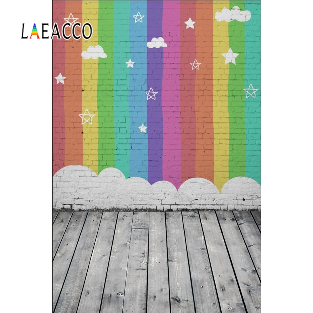 

Laeacco Cartoon Rainbow Flower Brick Wall Wooden Board Photography Background Customized Photographic Backdrops For Photo Studio