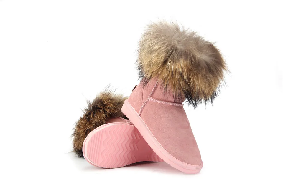 MBR FORCE Fashion Women's Natural Real fox Fur Snow Boots Genuine Cow Leather women Boots Female Warm Winter Boots Shoes