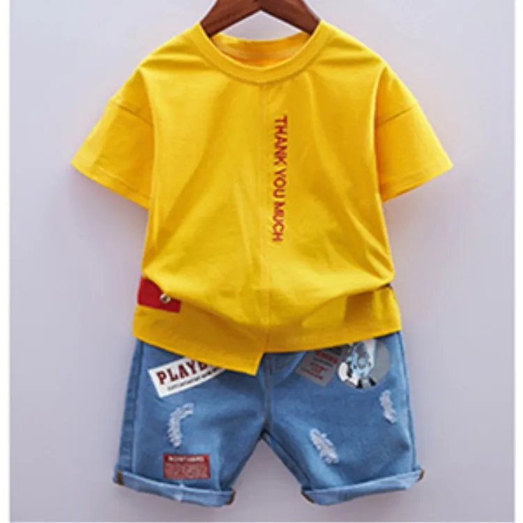 

2019 New Summer Children's Alphanumeric Printing Big Boy Cotton Knit Children's T-shirt + Denim Shorts Suit