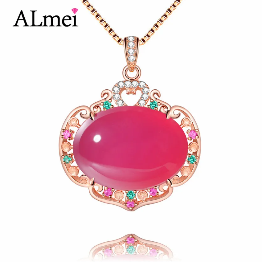 Женская цепочка из розового халцедона Almei ожерелье с кулоном стерлингового