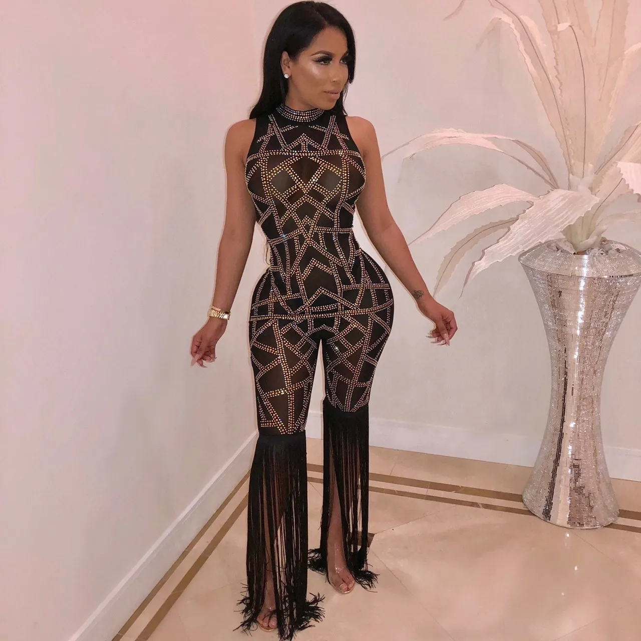 Tassel Patchwork Sheer Mesh Jumpsuit NEW Women Transparent Sexy Night Club Party Romper Overalls Costume Outfit | Женская одежда