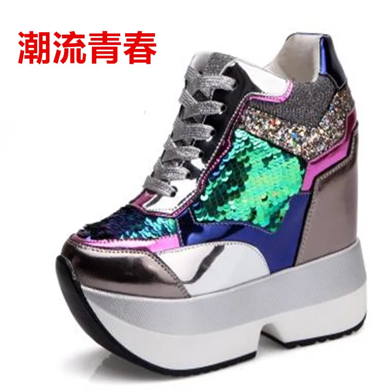 Fashion Women Thick Shoes Casual Golden Sequins Patent Leather Gold Flat Platform Women's Lace Up Female 35-3 | Обувь