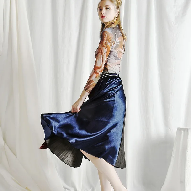 Женская плиссированная юбка [EWQ] черная свободная средней длины в европейском