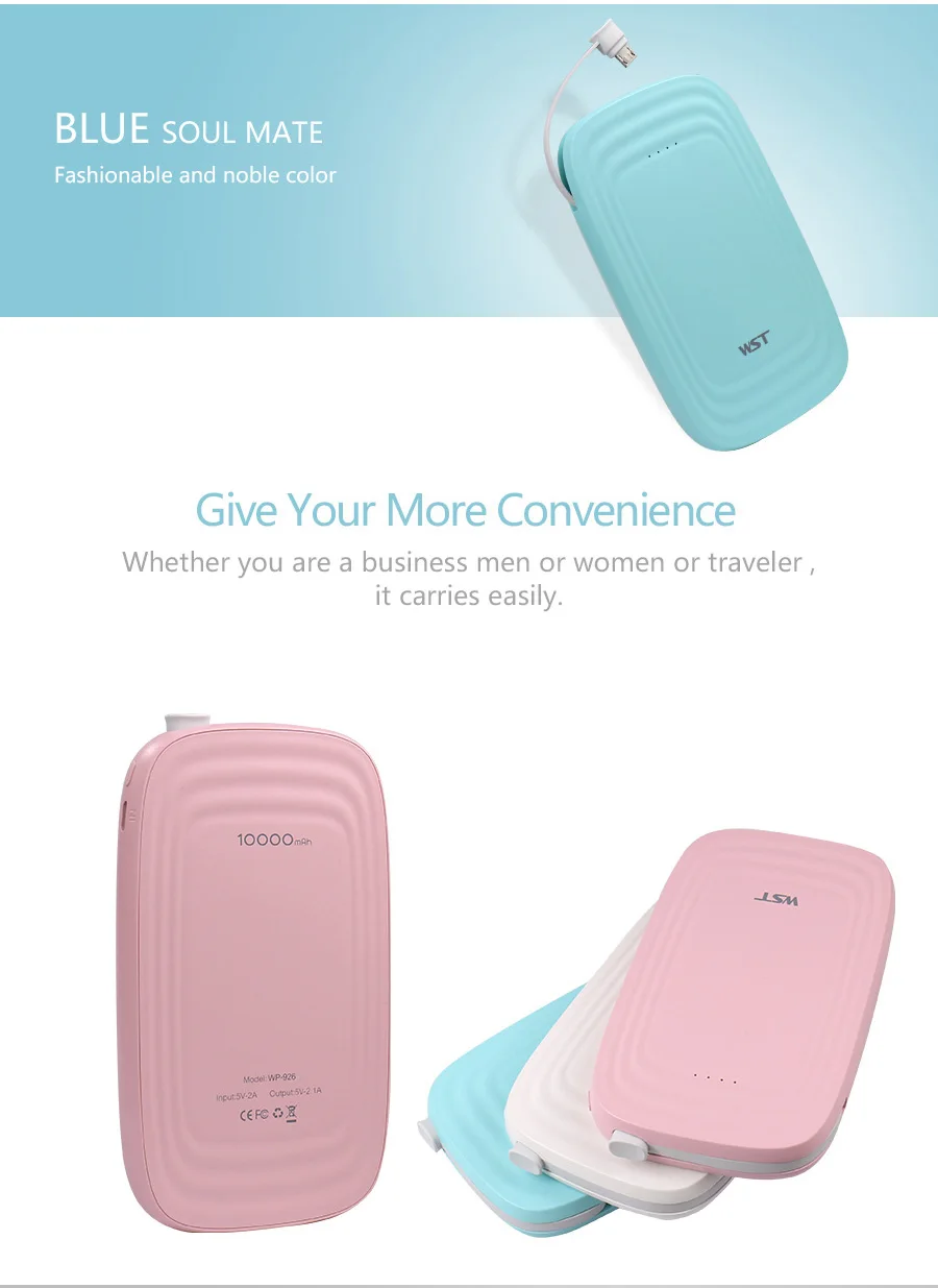 WST power Bank 10000 мАч со встроенным кабелем, Внешнее зарядное устройство, тонкий портативный аккумулятор для iPhone, Android, внешняя батарея