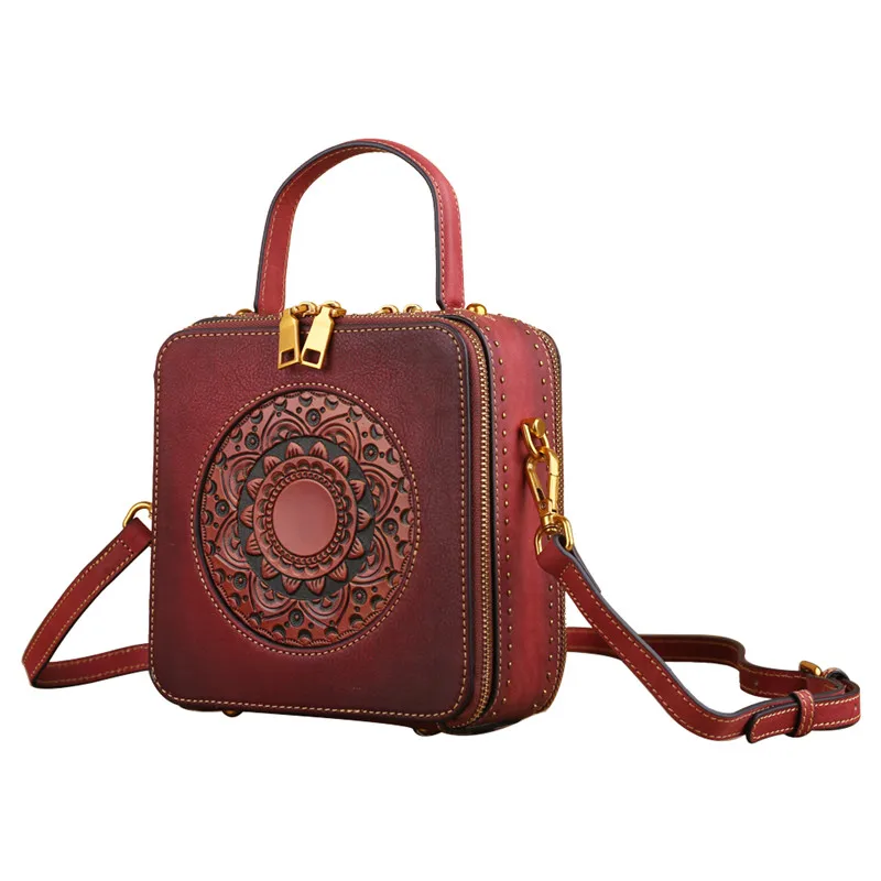 

Nesitu High QualityFlower Pattern Vintage Brown Grey Red Green Genuine Leather Small Women Handbag Shoulder Messenger Bags M3028