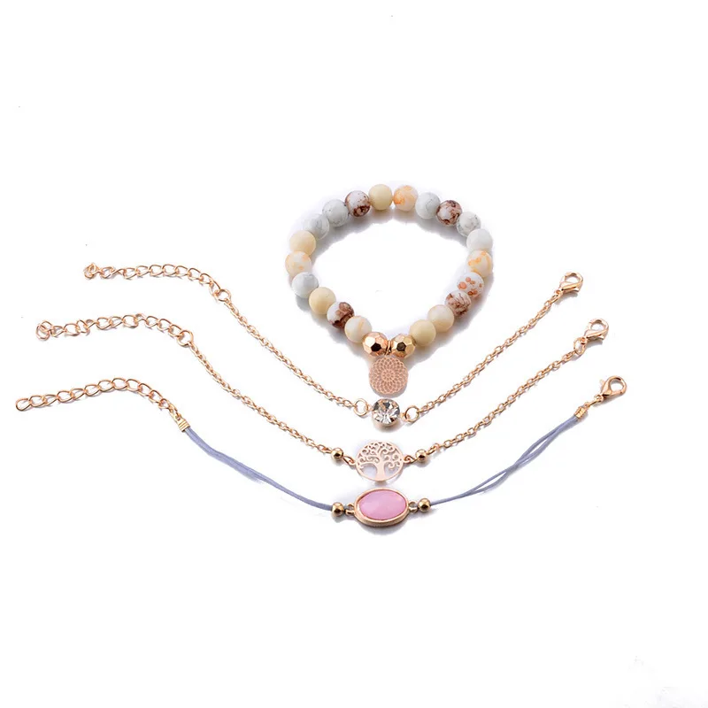 2019 Fashion jewelry weave rope chain pink crystal beaded tree 4 pieces set bracelets for women bangle party accessories gifts | Украшения