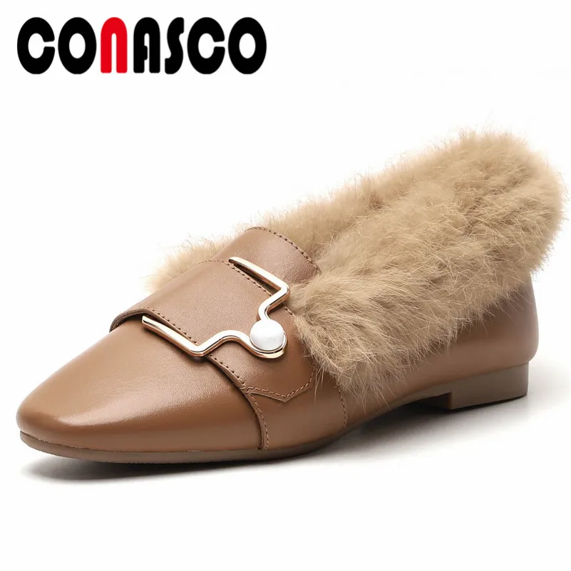 CONASCO Fashion Metal Buckles Med Heels Fur Autumn Winter Party Wedding Shoes Woman Genuine Leather Square Toe Prom Pumps | Обувь