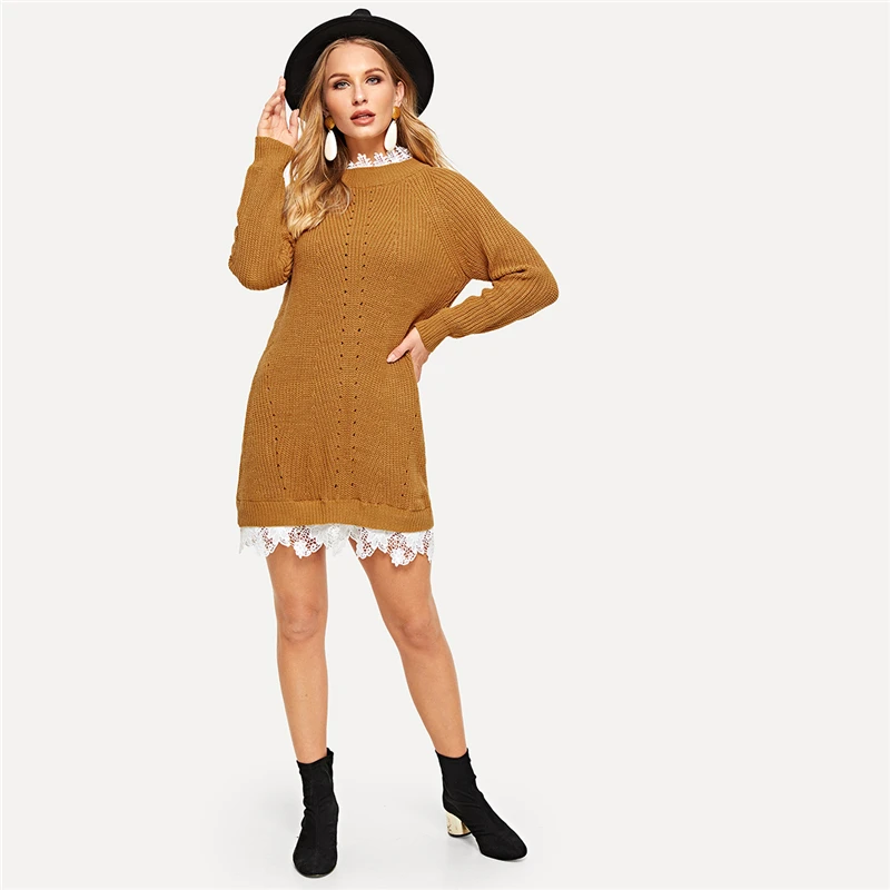 Dotfashion, коричневое платье-свитер с цветочной кружевной вставкой, женская одежда, осень, повседневное прямое платье с цветными блоками и стоячим воротником