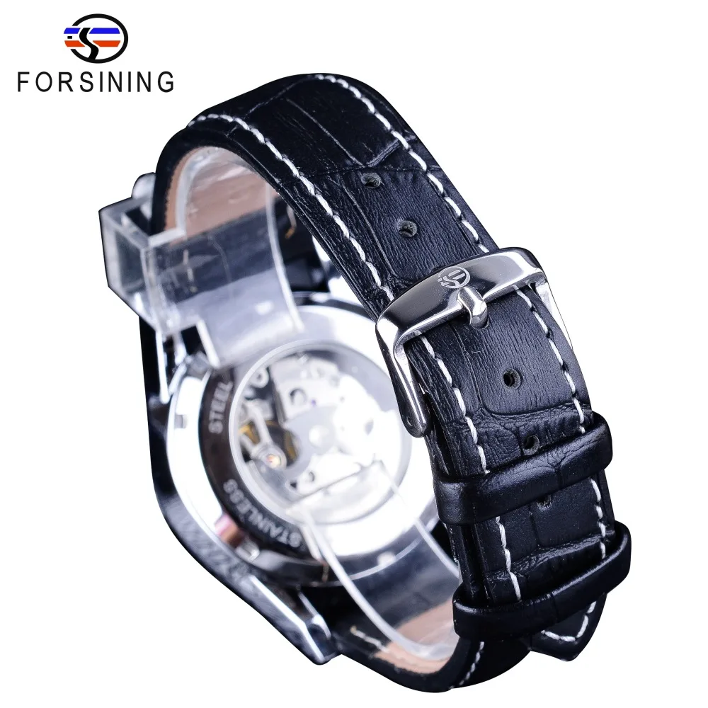 Часы Forsining Silver Dragon Diamond водонепроницаемые мужские часы с кожаным ремешком и