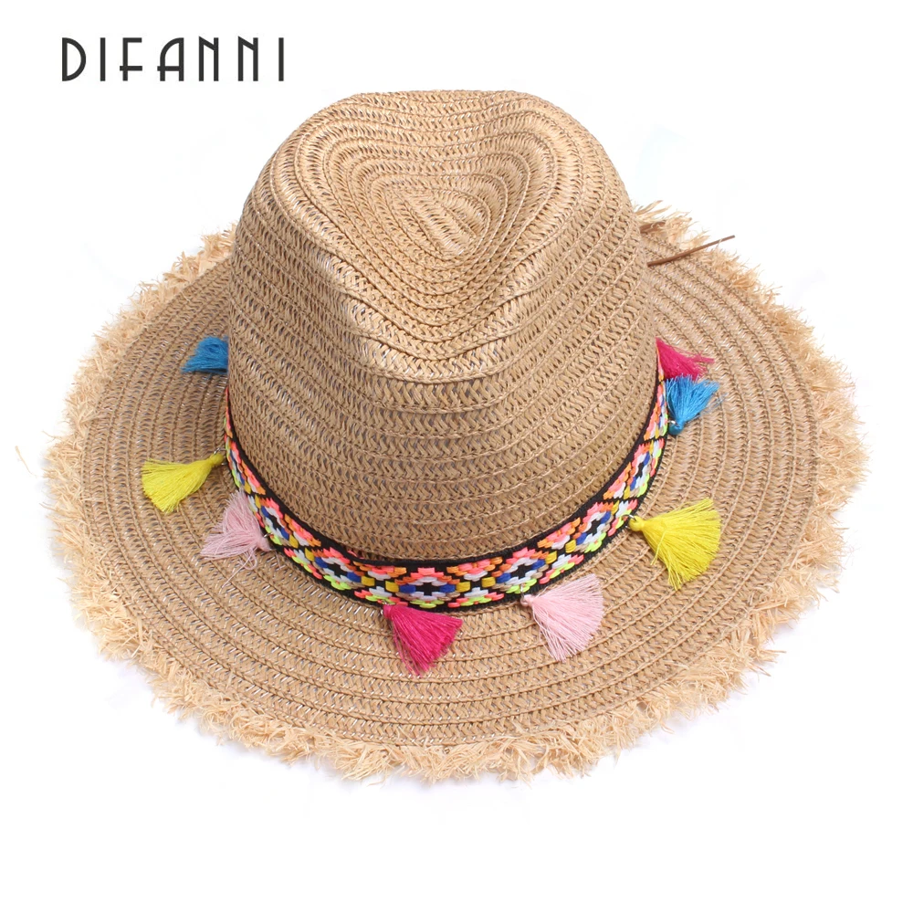 

[DIFANNI] Lady Boater sun caps Ribbon Round Straw Fedora Panama Hat summer hats for women straw hat for girl colorful tassel