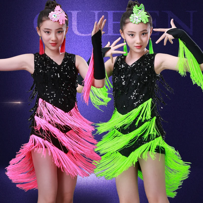 

Girls Tassels Ballroom latin dancing dress Children Stage Sequined Jazz Outfits Performance Salsa Dance Dress costumes & Gloves
