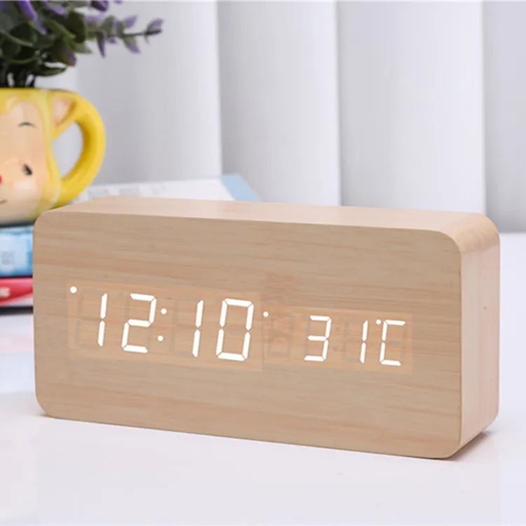 Светодиодный Деревянный Будильник Часы Настольный Голосовое управление USB/AAA