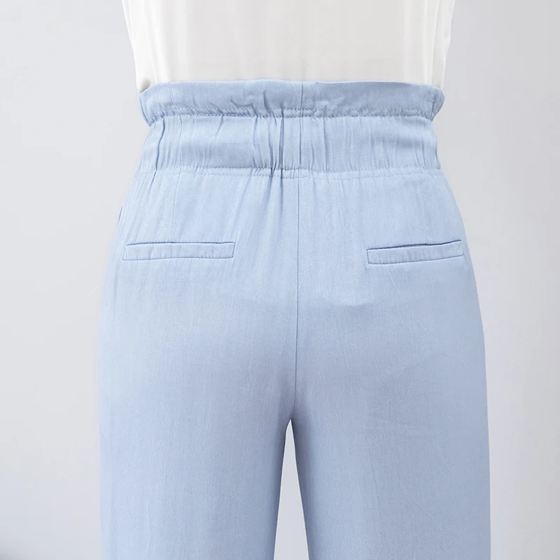 2019 летние тонкие широкие брюки женские синие хлопковые с высокой эластичной