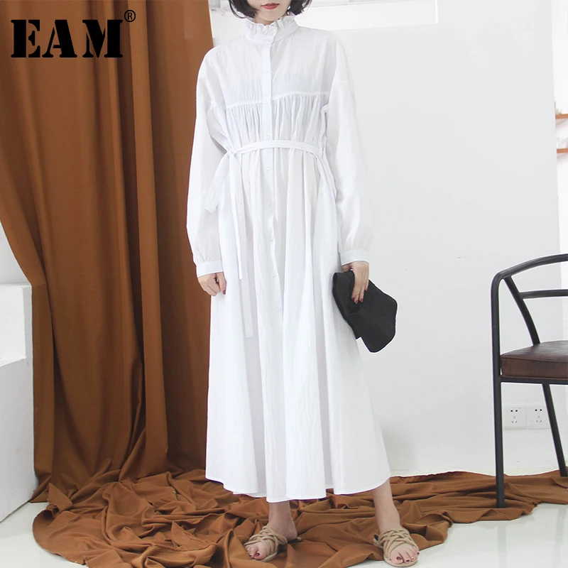 [EAM] New Autumn Winter Stand Collar Long Sleeve White Ruffles Stitch pleated Loose Long Shirt Dress Women Fashion JK988