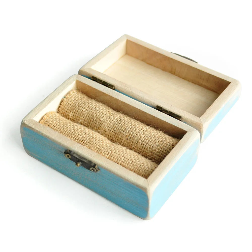 

Vintage Blue Wedding Ring Box, Personalized Bride and Groom's Wedding Ring Holder Box Rustic Wedding Gift