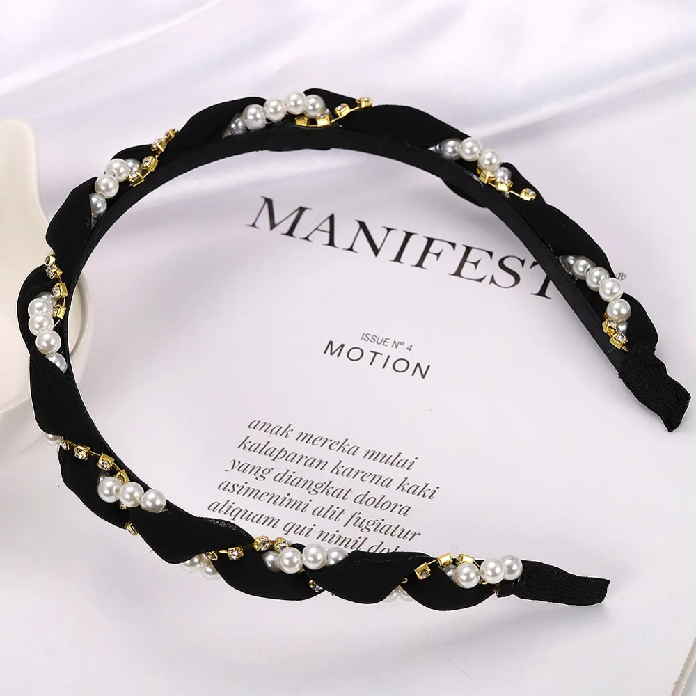 Best lady Trendy Handmade Simulated Pearls Hairband for Women Cute Girls Hair Jewelry Black Beige Korean Headband Wholesale | Украшения и
