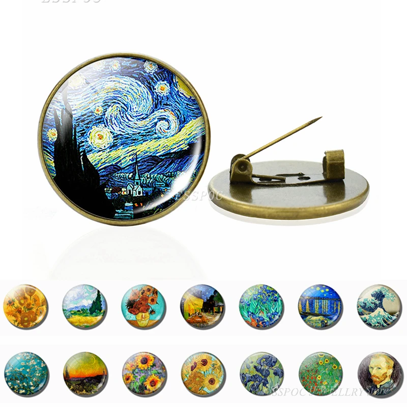 

Van Gogh Brooches Art Starry Night Sunflower Brooch Pins Men Women Glass Cabochon Jewelry Bag Bronze Brooch Gift Dropshipping