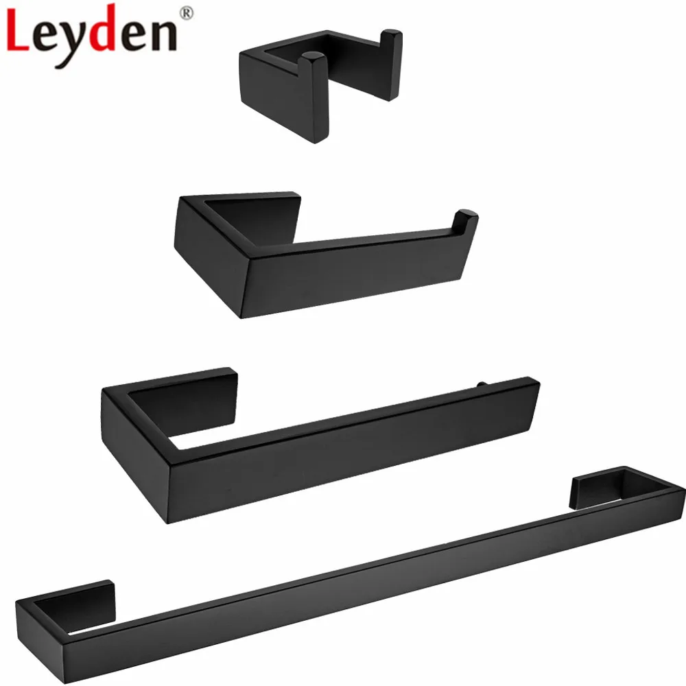 

Leyden Black 304 Stainless Steel 4pcs Bathroom Accessories Set Wall Mounted Single Towel Bar Towel Ring Paper Holder Robe Hook