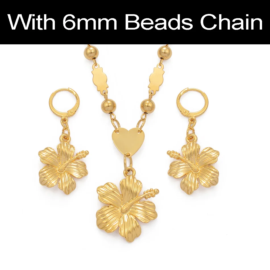 With 6mm Beads Chain Anniyo Гавайский цветок Ювелирные наборы подвески ожерелья серьги для женщин девочек золотой цвет Микронезия Гуам Chuuk Kwajalein#213106 - Окраска металла: With 6mm Beads Chain