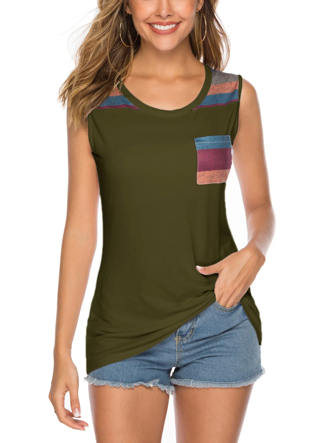 Женская летняя хлопковая футболка Повседневная без рукавов полосатая Лоскутная