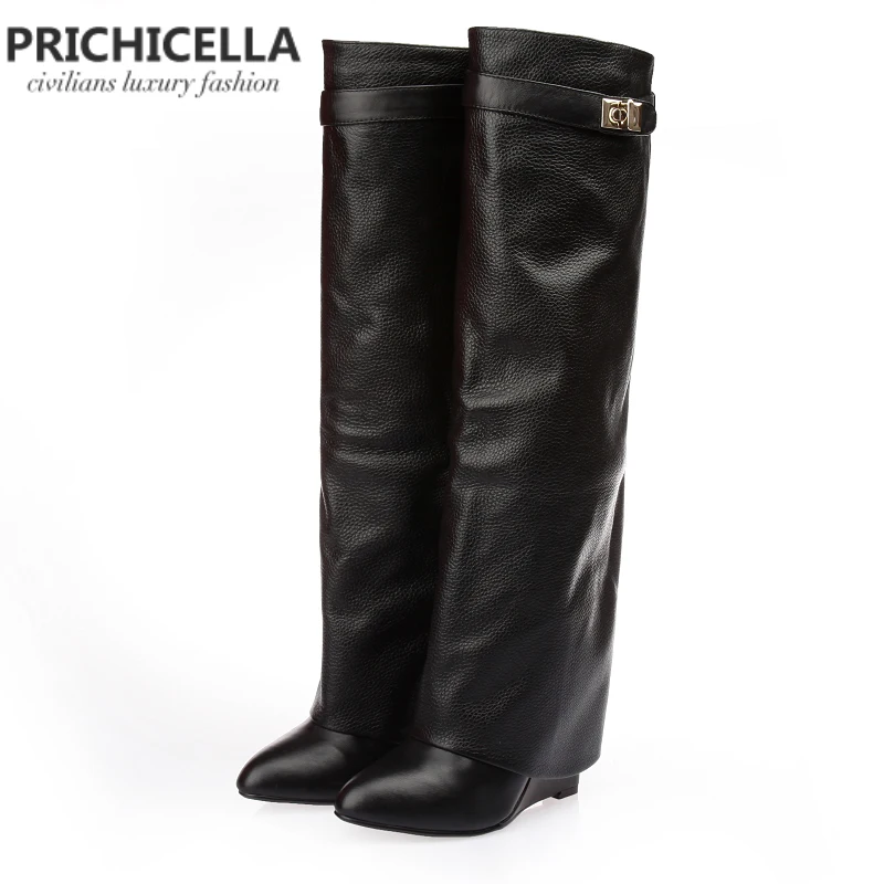 PRICHICELLA/высокие сапоги-гладиаторы до колена из натуральной кожи с острым носком и пряжкой на ремешке; size34-42