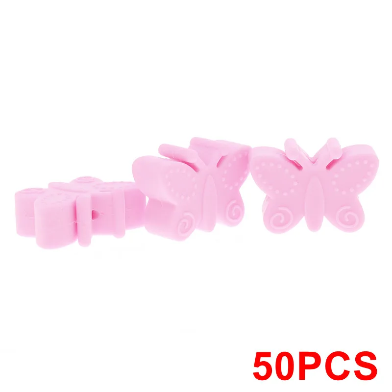 Butterfly Baby Pink 50 шт., силиконовый Прорезыватель для зубов в форме единорога, бусины в виде животных, BPA бесплатно, для прорезывания зубов, ожерелье, держатель для сенсорной соски, игрушка для душа, грызуны пищевого класса - Цвет: Butterfly Baby Pink