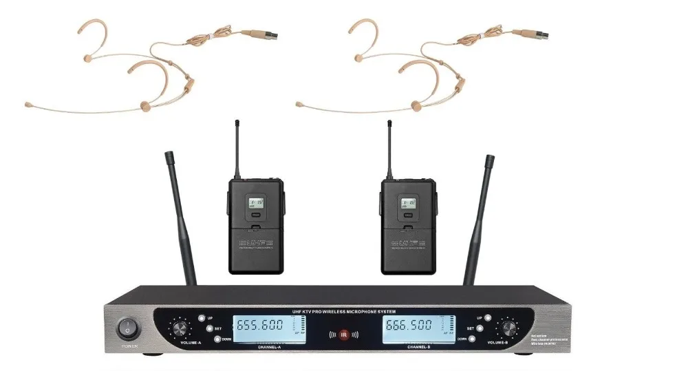 УВЧ микрофон 200 каналов UHF двойная Беспроводная бежевая гарнитура микрофонная