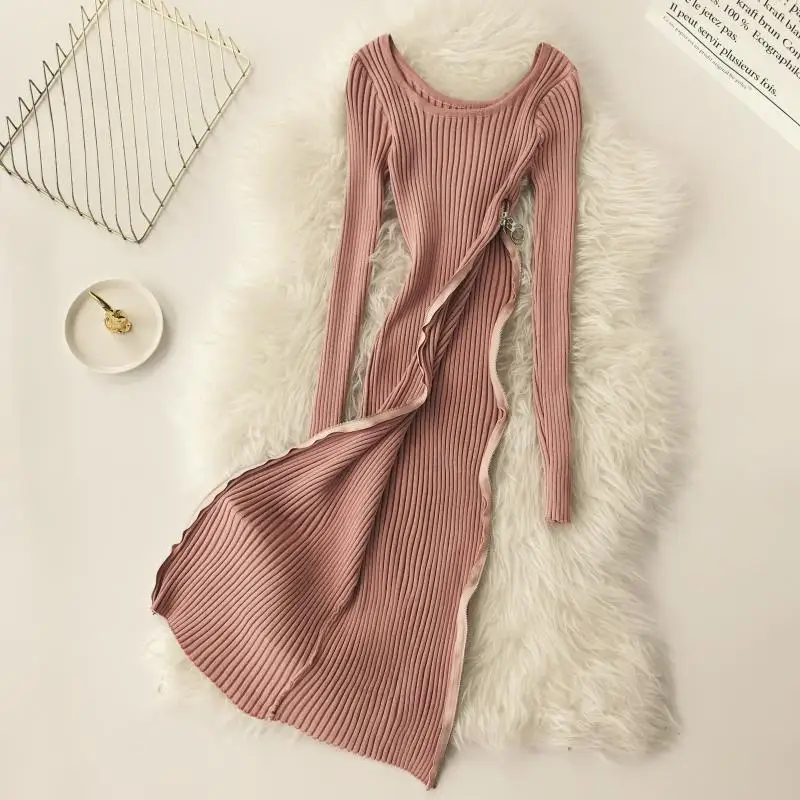 ALPHALMODA вязаный свитер на молнии сбоку трикотажное платье с длинным рукавом