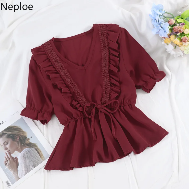 Neploe Лето 2019 женские топы милая девушка v образным вырезом Фонарь короткий рукав