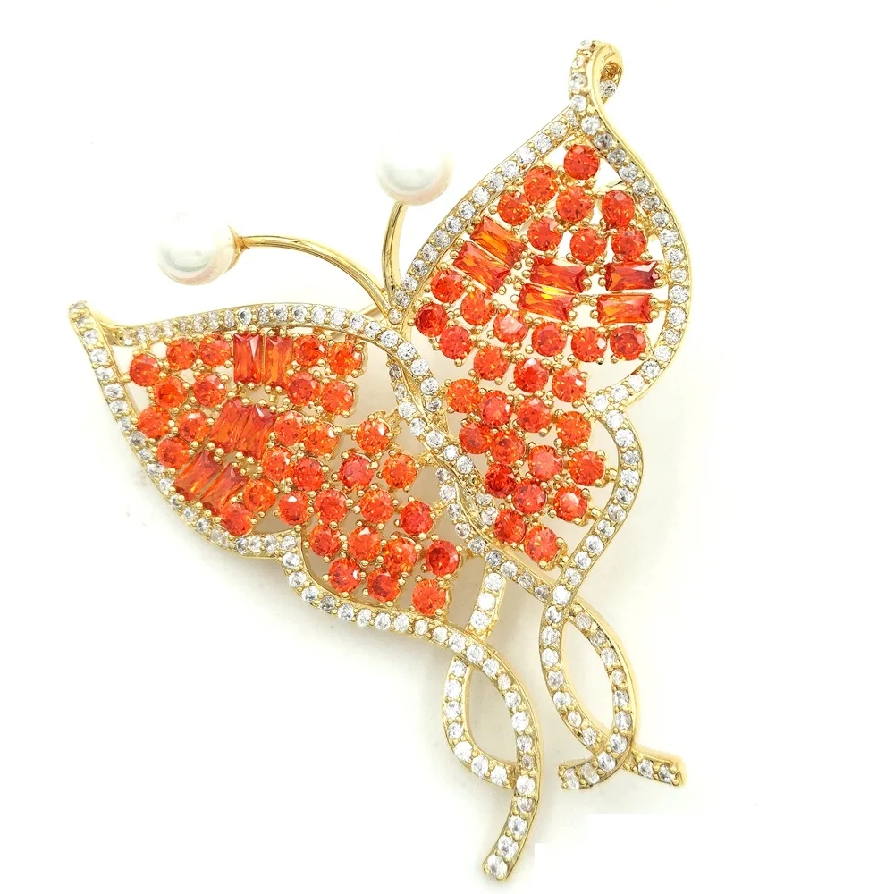 Великолепный микро Паве CZ Оранжевая бабочка Брошь Серебряный тон намекнул