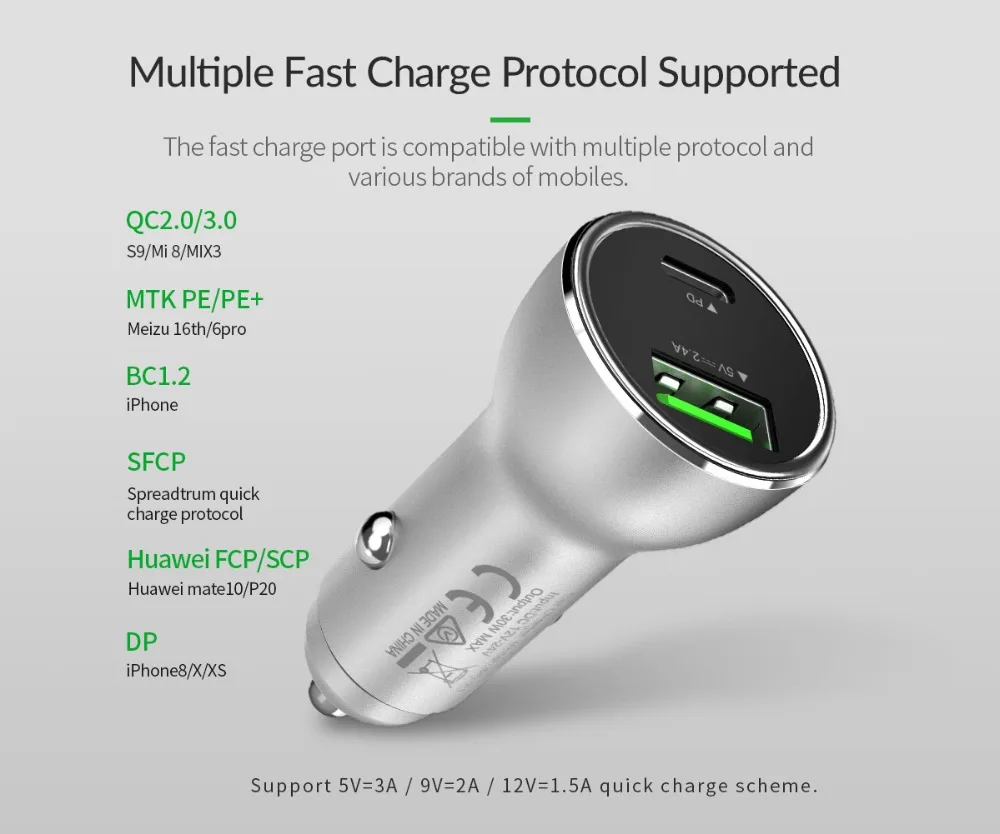 Автомобильное зарядное устройство ORICO 30 Вт PD3.0 USB быстрое для Samsung iPhone XS Max Xiaomi mix3 PD