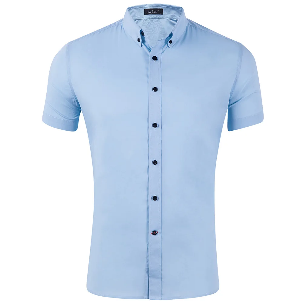 

High Quality Summer Explosion Short Sleeve Pure Color Shirt Men's Cotton Elastic Fabric Classic Collar Male Wear