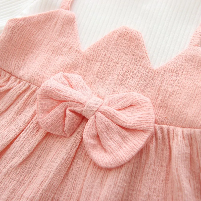 Baby girl summer autumn sweet dress kids baby suspenders fake two-piece bow long-sleeved high quality | Мать и ребенок