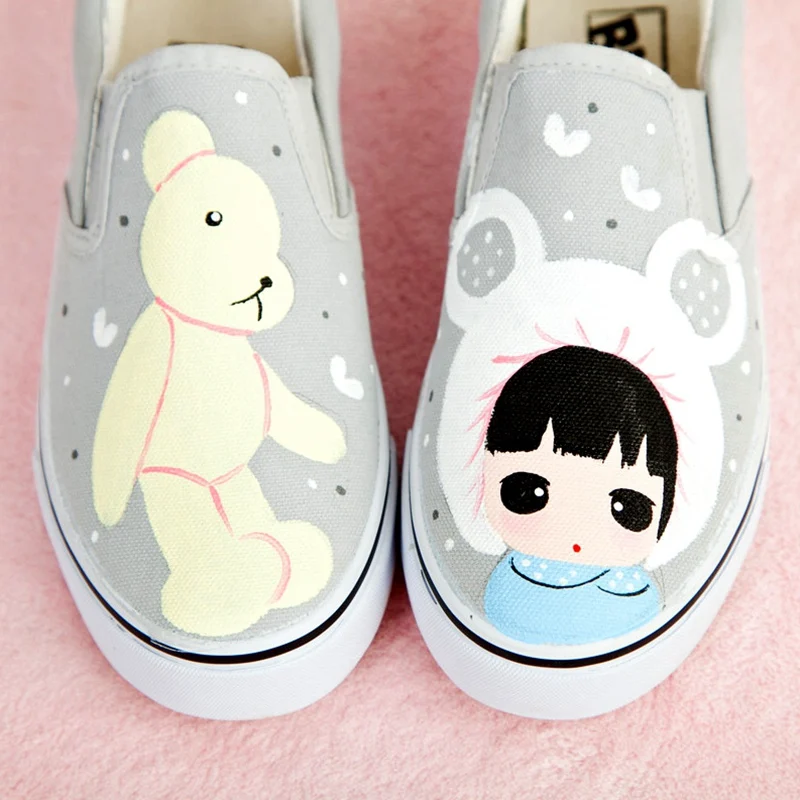 E-LOV; Kawaii; ручная роспись; Повседневная парусиновая обувь на плоской подошве для девочек; Низкие лоферы с рисунками животных и граффити; женская обувь без застежки; Zapatos De Mujer