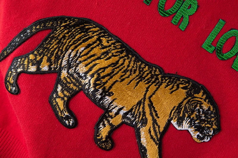 LUKAXSIKAX High Quality Letter Sequined Tiger Embroidery Runway Sweater 2018 New Autumn Winter Women Knitted Pullover | Женская одежда